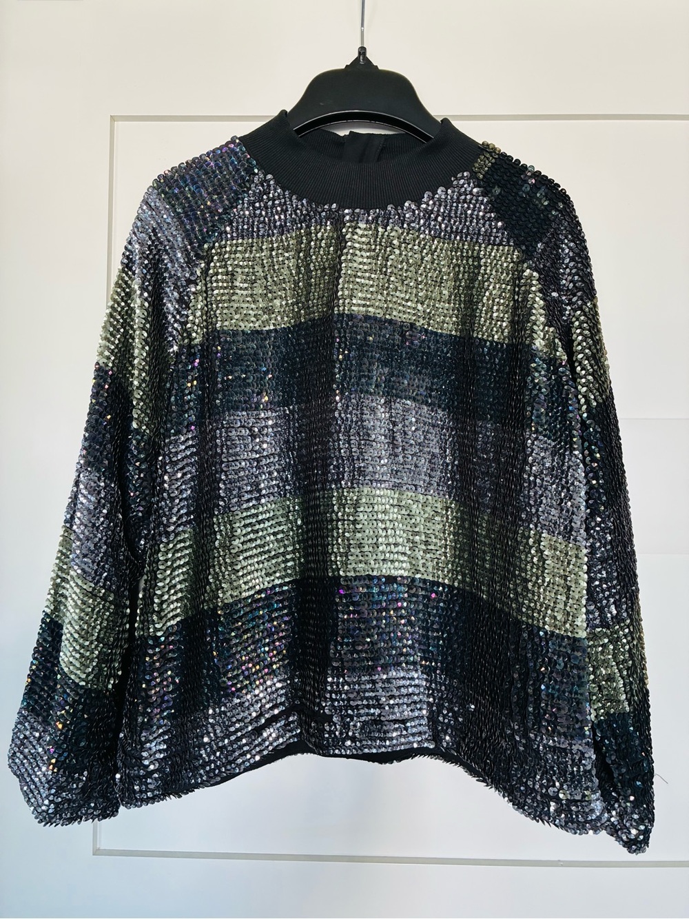 ASOS US 2 UK 6 Sequin Plaid Check Sparkle Top Blouse Black Green